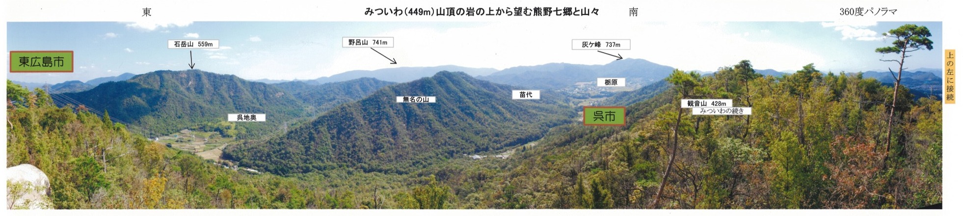 南東から見たみついわ山頂の岩の上から望む熊の七郷と山々