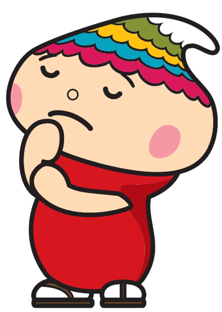 腕を組み考えいているふでりん