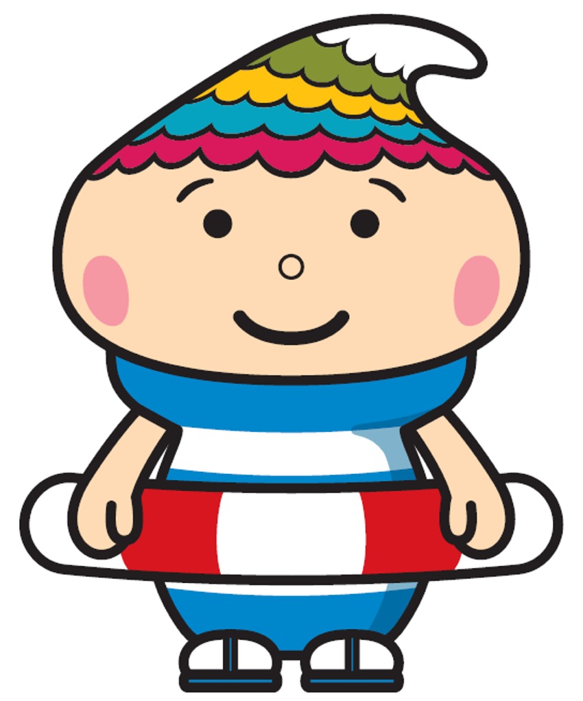 浮き輪を持ち水着を着ているふでりん