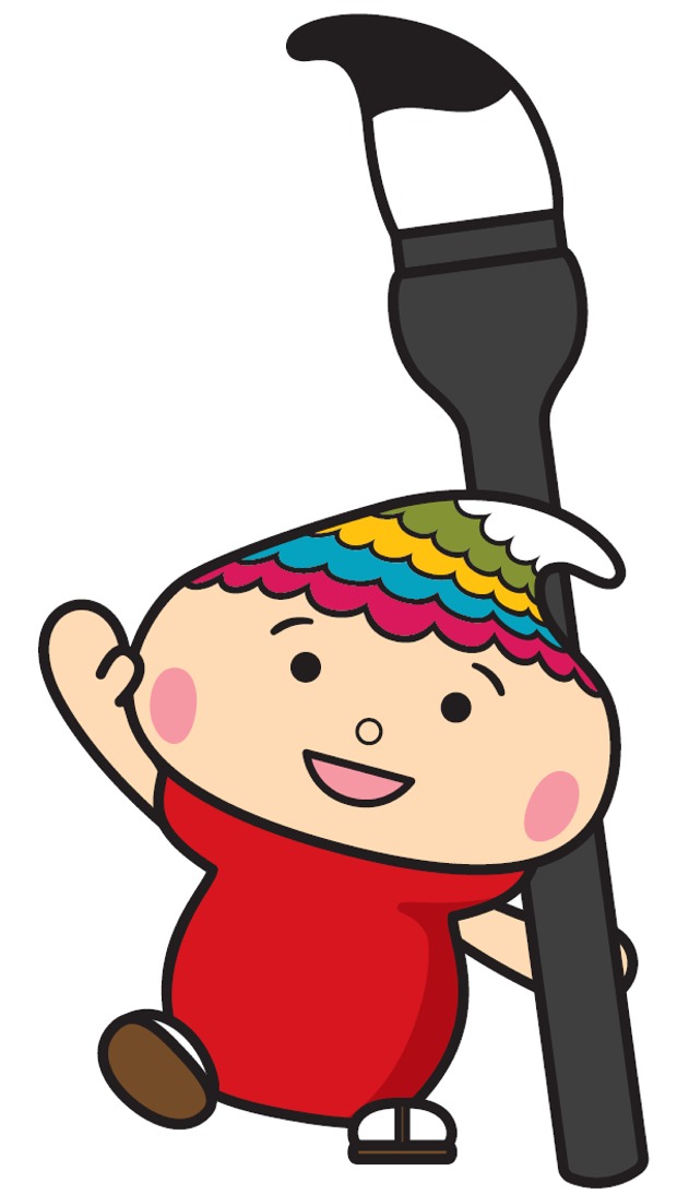 大きな筆を左手に持ち手を振っているふでりん