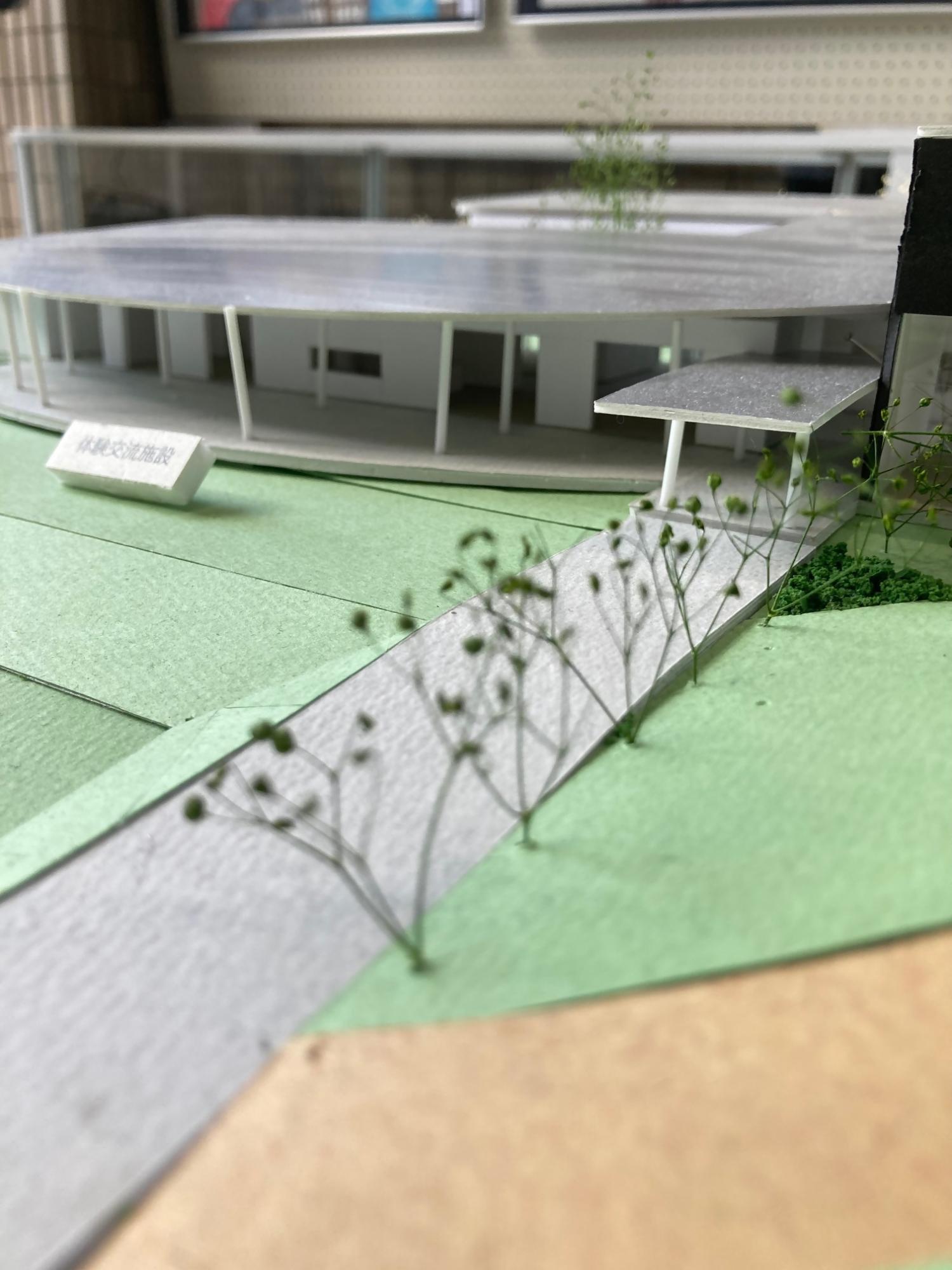 新体験交流施設の模型の建物正面のクローズアップ写真