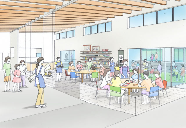 丸テーブルを囲み、書画などの創作体験をしている女性たちを描いたパース図