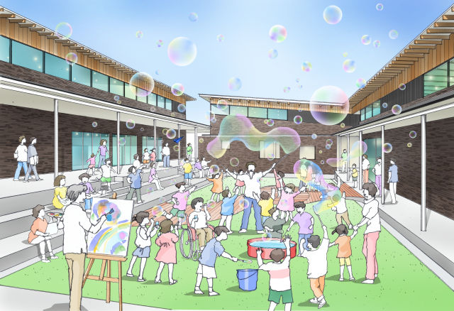 たくさんのシャボン玉が飛んでいる中庭で多くの親子連れが遊んでいる様子を描いたパース図