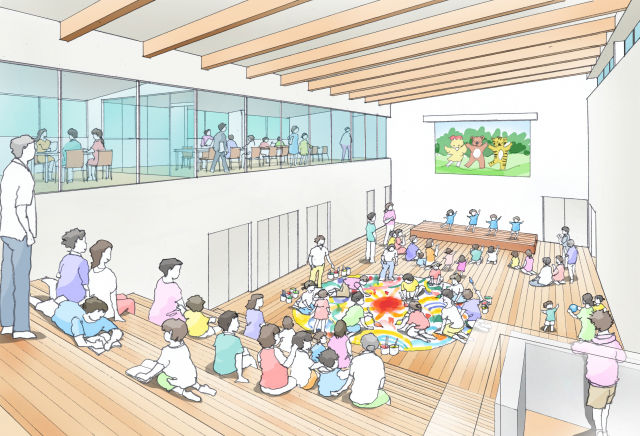 舞台上で踊っている子どもたちを眺めている多くの親子連れがいる多目的ホールのパース図