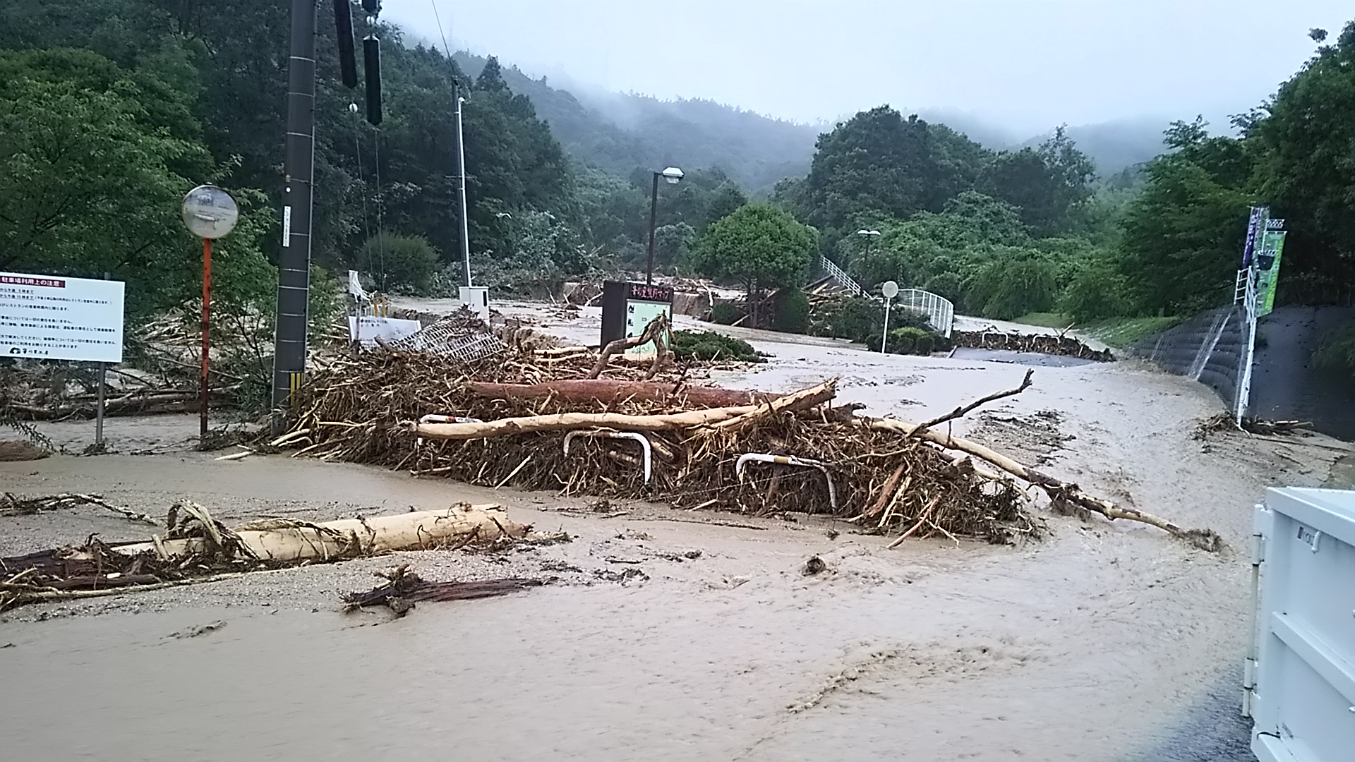 豪雨により道路の真ん中に大量の土砂や丸太が流れている写真