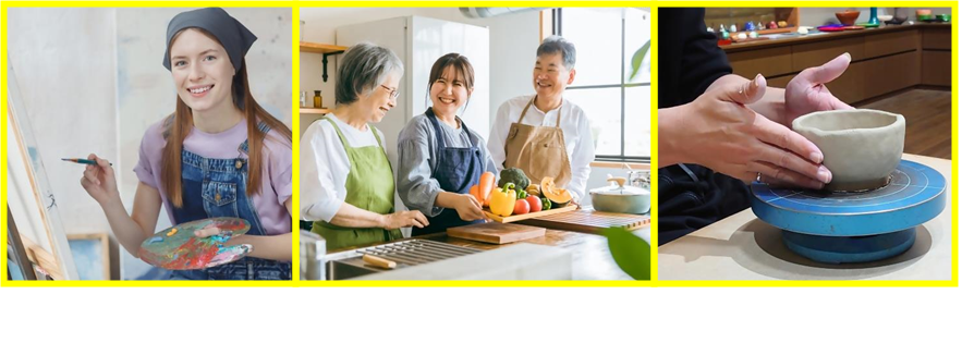 油絵、料理、陶芸など3枚の創作活動のイメージ写真