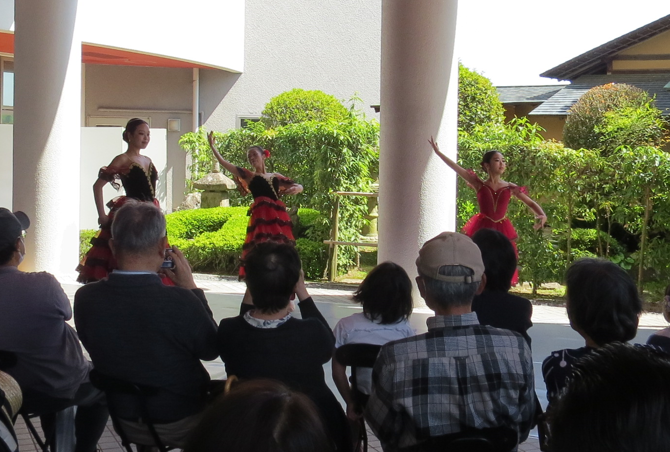 赤や黒のドレスに身を包みステージでバレエを披露するダンサーたちの写真