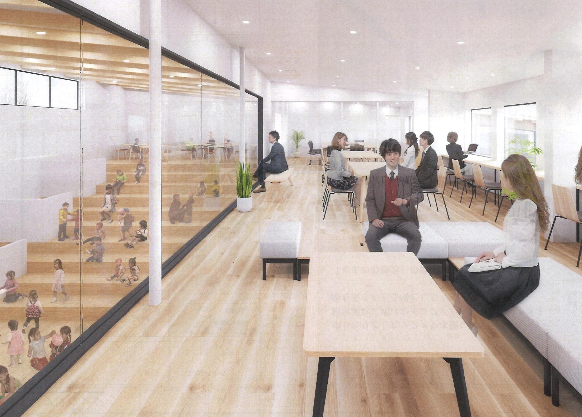 木の床に白いソファが置いてあり話し合っている人たちの写真